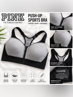 PINK Victoria’s Secret Push-Up Sports Bra Gray Black Zip Front B75